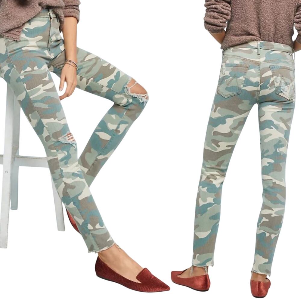 Mother High Waisted Looker Ankle Fray Jeans Camo Pattern Skinny Green Womens 26